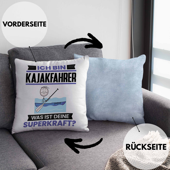 Kajakfahrer Kissen mit Füllung 40x40 Geschenk für Kajakfahrer Geburtstag Lustiger Spruch Was Ist Deine Superkraft (Grau) Blau Trendation