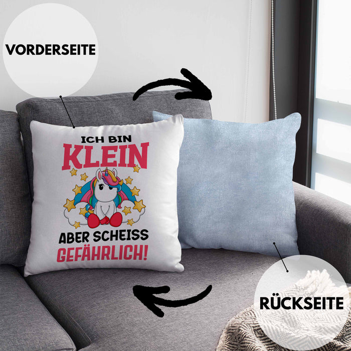 Klein Aber Sch Gefährlich Lustige Einhorn Kissen mit Füllung 40x40 mit Spruch Geschenkidee Einhornfans (Grau) Blau Trendation