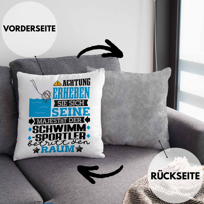 Schwimmsportler Geschenk Kissen mit Füllung 40x40 Lustiger Spruch Erheben Sie Sich Der Schwimmsportler Betritt den Raum (Grau) Grau Trendation