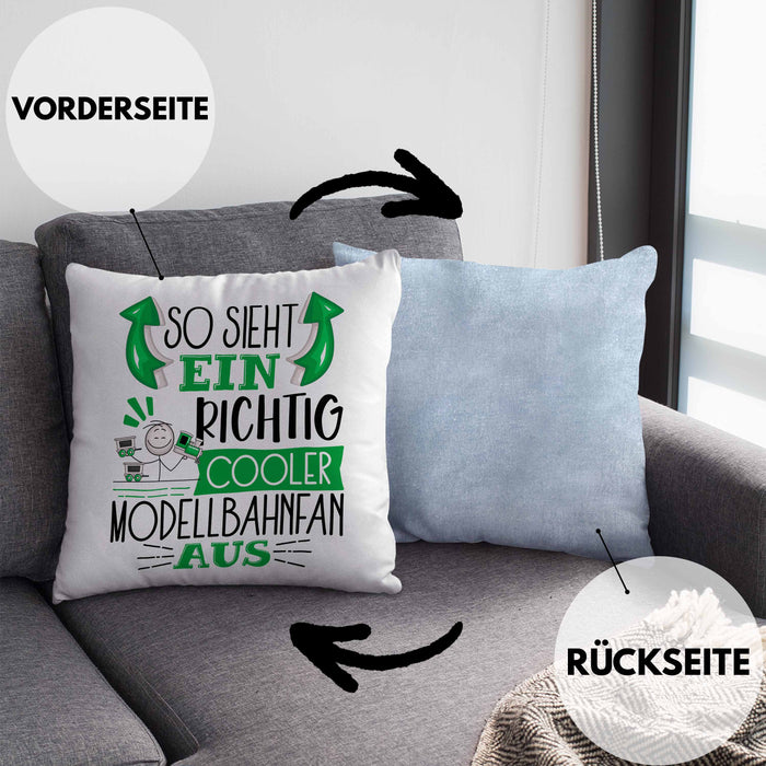 Modellbahnfan Kissen mit Füllung 40x40 So Sieht Ein Richtig Cooler Modellbahnfan Aus Geschenk Lustiger Spruch Geschenkidee (Grau) Blau Trendation