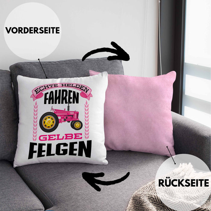 Landwirtin Spruch Frau Geschenk Kissen mit Füllung 40x40 Landwirtschaft Geschenke für Männer Traktor Spruch Echte Felgen (Grau) Rosa Trendation