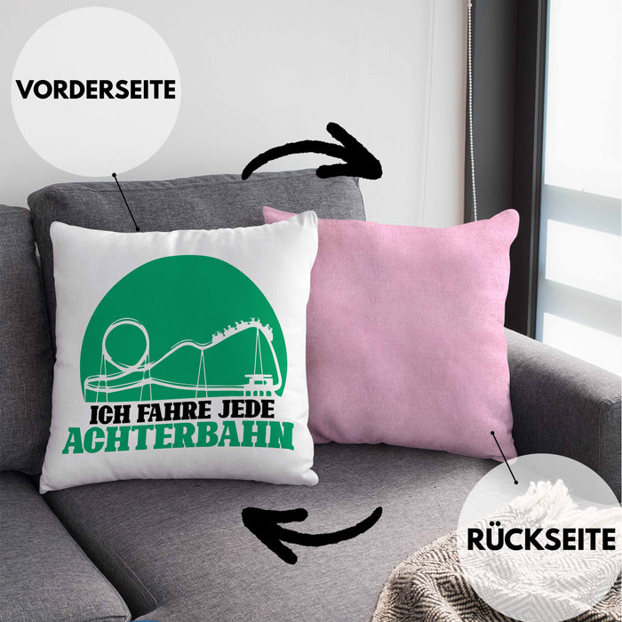Vergnügungspark Kissen mit Füllung 40x40 Geschenk Lustiger Spruch Ich Fahre Jede Achterbahn Geschenkidee Geburtstag (Grau) Rosa Trendation