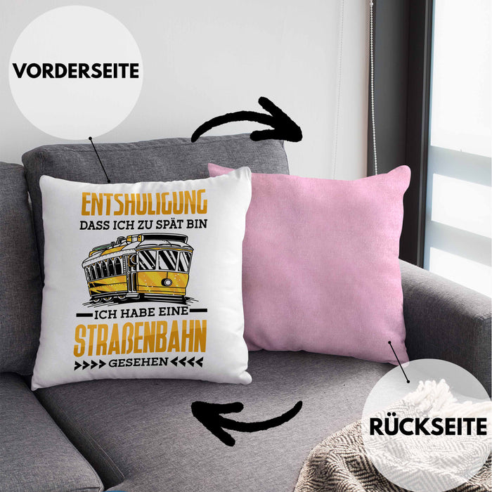 Straßenbahn Kissen mit Füllung 40x40 Geschenk Spruch Lustig Ein Leben Ohne Straßenbahn Fahrer Geschenkidee Geburtstag (Grau) Rosa Trendation