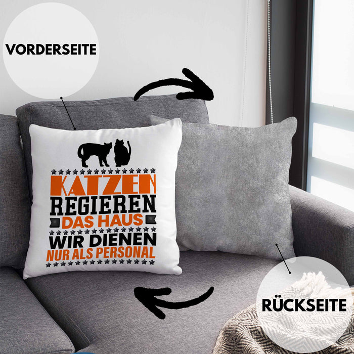 Katze Kissen mit Füllung 40x40 Geschenk Spruch Geschenkidee für Katzen-Mama Papa Katzenliebhaber Katzen Regieren Das Haus Wir Dienen Nur Als Personal (Grau) Grau Trendation