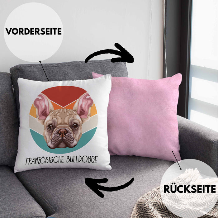 Französische Bulldogge Besitzer Kissen mit Füllung 40x40 Geschenk Lustiger Spruch Geschenkidee Französische Bulldogge Mama Papa (Grau) Rosa Trendation