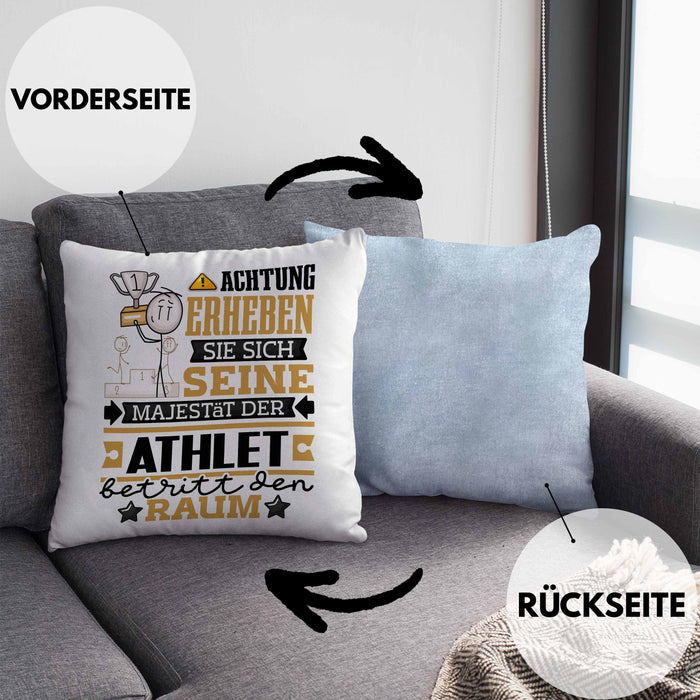 Athlet Geschenk Kissen mit Füllung 40x40 Lustiger Spruch Erheben Sie Sich Der Athlet Betritt den Raum (Grau) Blau Trendation