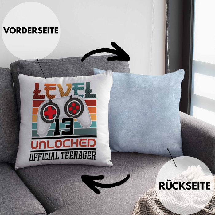13. Geburtstag Kissen mit Füllung 40x40 Jungs Gaming Official Teenager 13er Geburtstag Geschenkidee (Grau) Blau Trendation