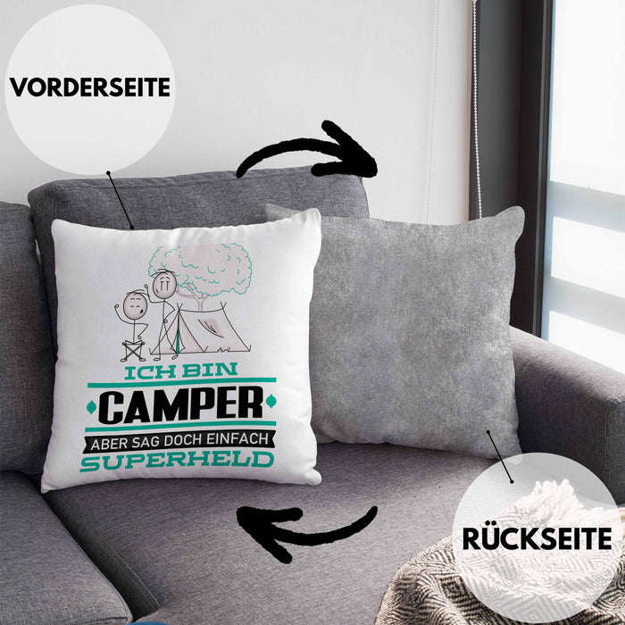 Camper Geschenk Kissen mit Füllung 40x40 Ich Bin Camper Aber Sag Doch Einfach Superheld Lustige Geschenkdiee für Camper (Grau) Grau Trendation