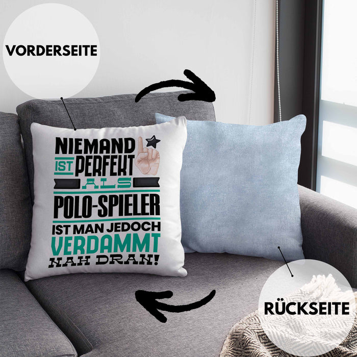 Polo-Spieler Geschenk Kissen mit Füllung 40x40 Lustige Geschenkidee für Polo-Spieler Geburtstag Niemand Ist Perfekt Aber Als Polo-Spieler Ist Man Nah Dran (Grau) Blau Trendation