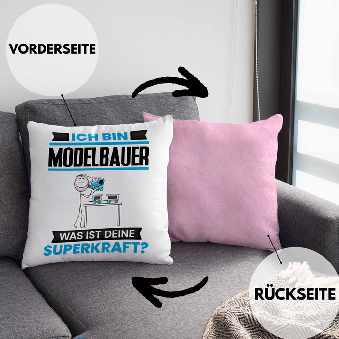 Modelbauer Kissen mit Füllung 40x40 Geschenk für Modelbauer Geburtstag Lustiger Spruch Was Ist Deine Superkraft (Grau) Rosa Trendation