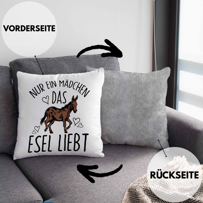 Lustige Esel-Kissen mit Füllung 40x40 Geschenk für Mädchen, die Esel lieben "Nur Ein Mädchen Das Esel Liebt" (Grau) Grau Trendation