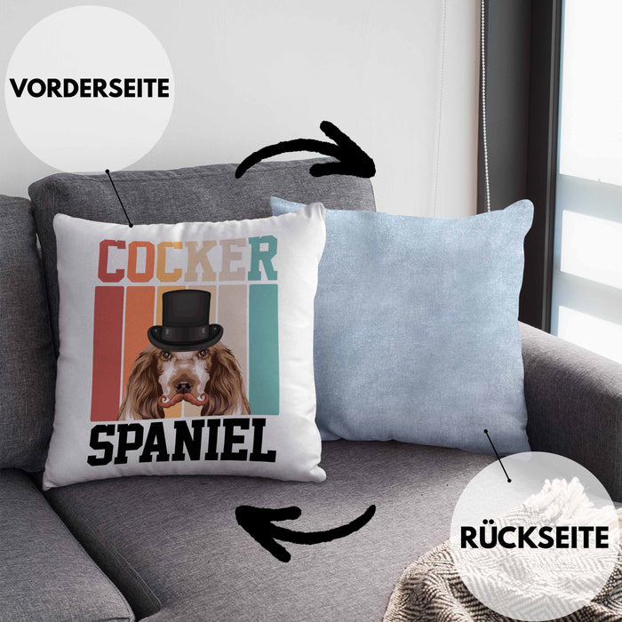 Cocker Spaniel Besitzer Kissen mit Füllung 40x40 Geschenk Lustiger Spruch Geschenkidee Retro Vinatge Cocker Spaniel (Grau) Blau Trendation