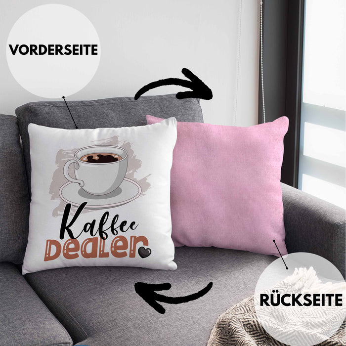 Kaffee Dealer Kissen mit Füllung 40x40 Geschenk für Barista Geburtstag Spruch Geschenkidee Kaffeeverkäufer (Grau) Rosa Trendation