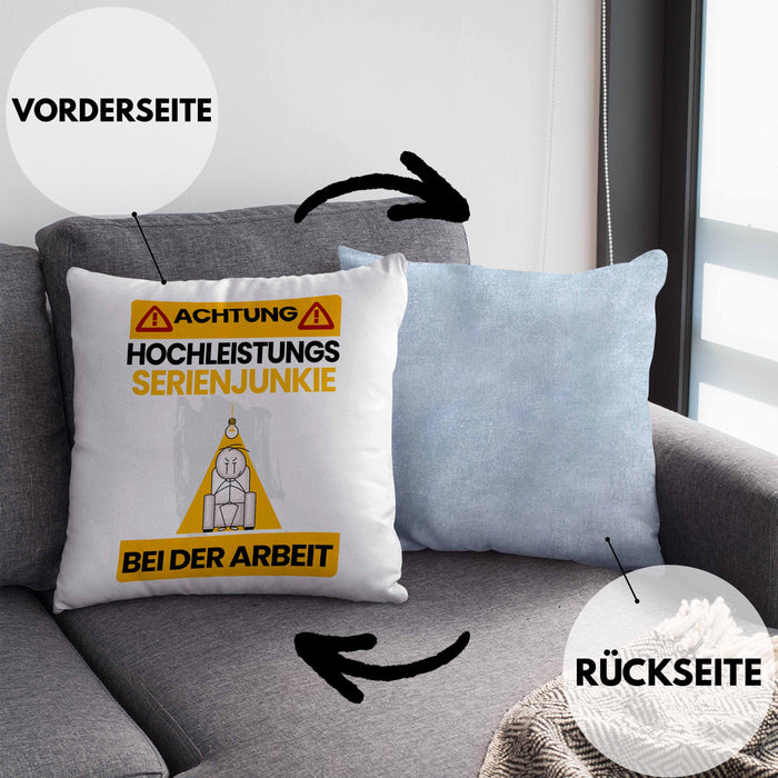 Serienjunkie Kissen mit Füllung 40x40 Geschenk Lustiger Spruch Geschenkidee für Serienjunkie Achtung Hochleistungs Serienjunkie Bei Der Arbeit (Grau) Blau Trendation