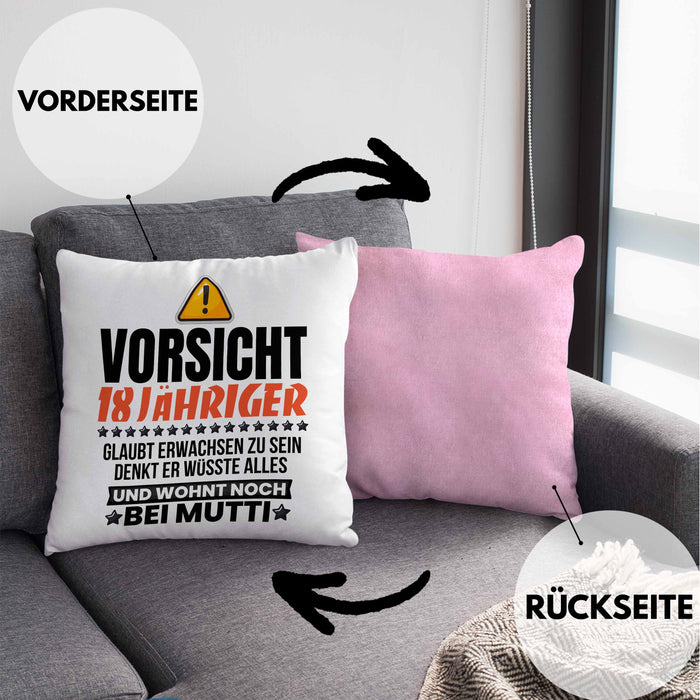 18. Geburtstag Kissen mit Füllung 40x40 Geschenk Jungs Männer Vorsicht 18 Jähriger Glaubt Erwachsen Zu Sein Wohnt Noch Bei Mutti (Grau) Rosa Trendation