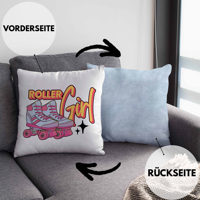 Lustige Rollschuh Kissen mit Füllung 40x40 Geschenk für Roller Girls "Roller Girl" Nostalgie 80er 90er Jahre (Grau) Blau Trendation