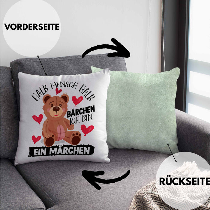 Kuscheln Geschenk Kissen mit Füllung 40x40 Teddy Halb Mensch Halb Bärchen Ich Bin Ein Märchen Geschenkidee (Grau) Grün Trendation