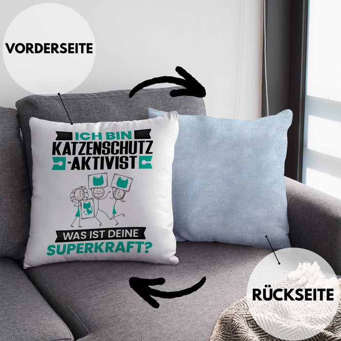 Katzenschutzaktivist Kissen mit Füllung 40x40 Geschenk für Katzenschutzaktivist Geburtstag Lustiger Spruch Was Ist Deine Superkraft (Grau) Blau Trendation