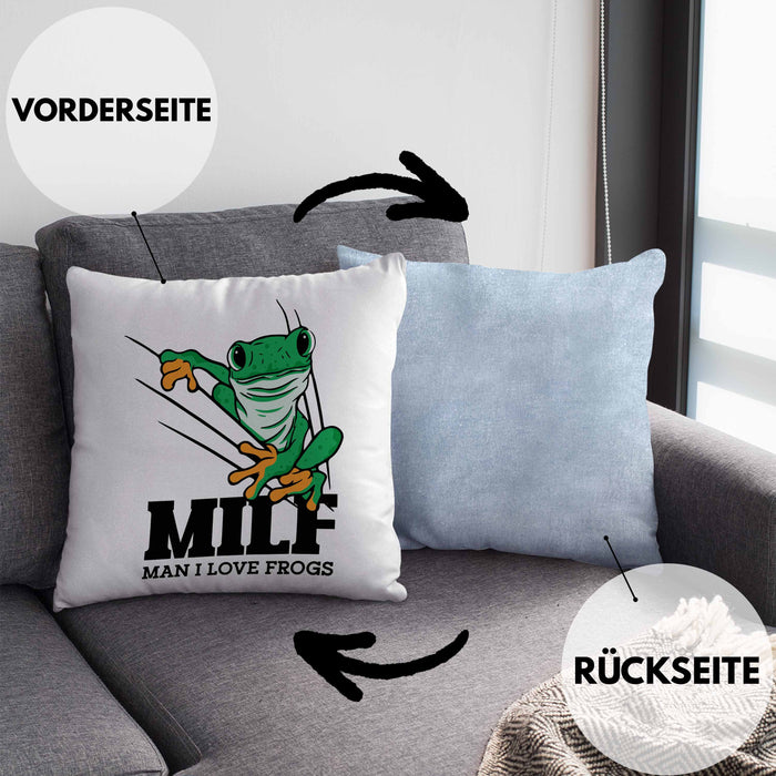 Lustige Frosch Kissen mit Füllung 40x40 Geschenk für Froschliebhaber Lustig MILF Man I Love Frogs (Grau) Blau Trendation