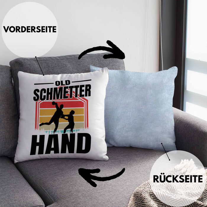 Handball Geschenk Kissen mit Füllung 40x40 Geschenkidee Handball-Spieler Handballspielerin Mädchen Jungs Old Schmetterhand (Grau) Blau Trendation