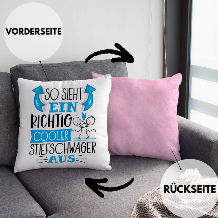 So Sieht Ein Richtig Cooler Stiefschwager Aus Geschenk Kissen mit Füllung 40x40 Lustiger Spruch Geschenkidee (Grau) Rosa Trendation