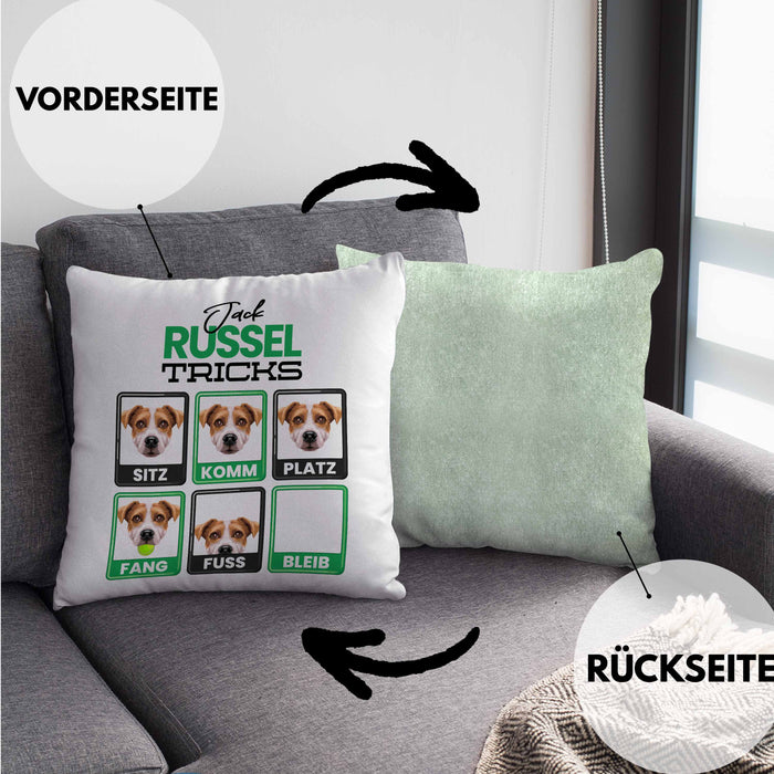 Jack Russel Besitzer Kissen mit Füllung 40x40 Geschenk Lustiger Spruch Geschenkidee Jack Russel Tricks Bleib (Grau) Grün Trendation