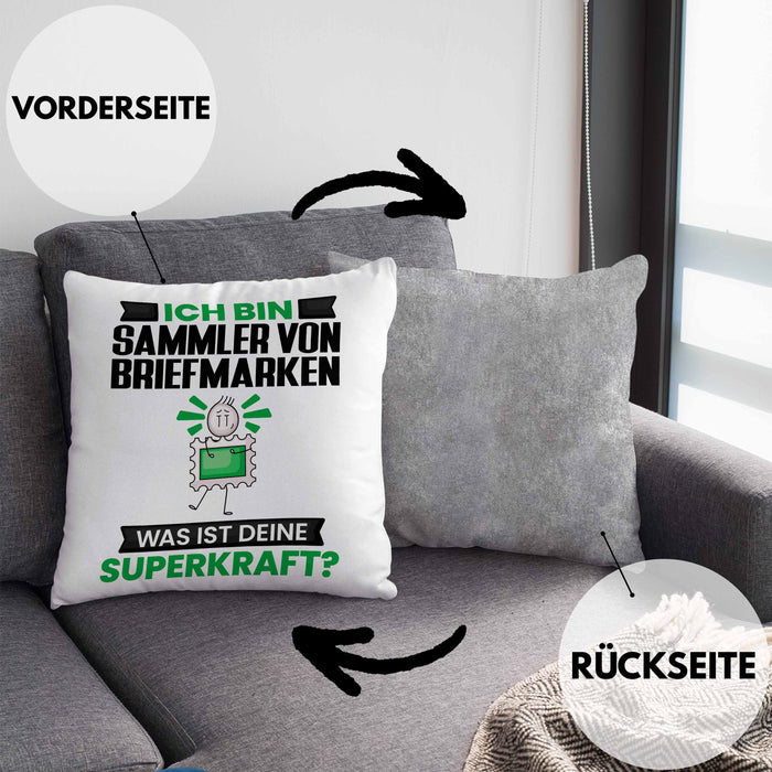 Sammler von Briefmarken Kissen mit Füllung 40x40 Geschenk für Sammler von Briefmarken Geburtstag Lustiger Spruch Was Ist Deine Superkraft (Grau) Grau Trendation