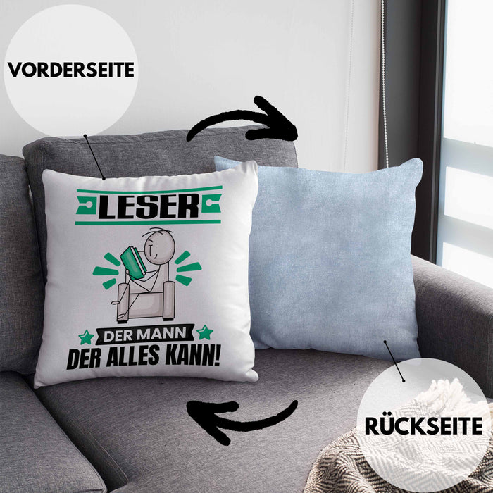 Leser Kissen mit Füllung 40x40 Geschenk für Leser Der Mann Der Alles Kann Geschenkidee zum Geburtstag (Grau) Blau Trendation