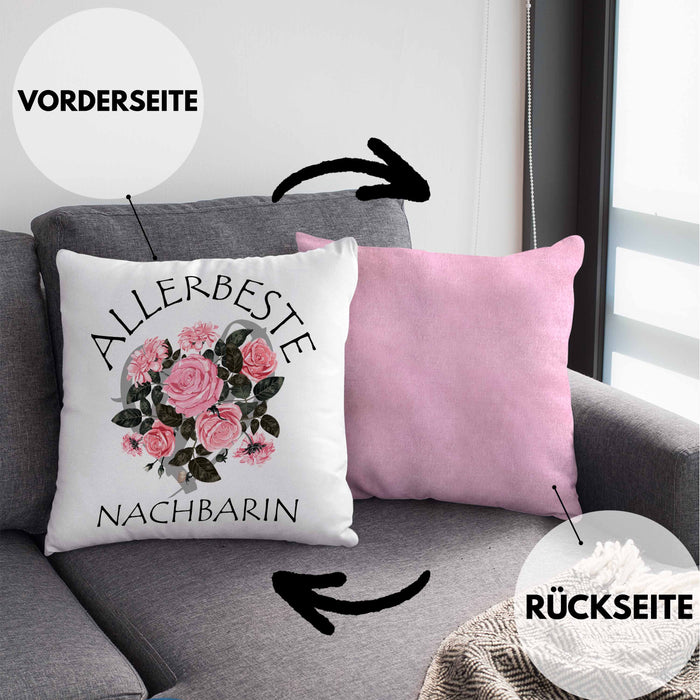 Beste Nachbarin Kissen mit Füllung 40x40 Geschenk Geburtstag Freundin Lieblings Nachbarin Geschenkidee (Grau) Rosa Trendation