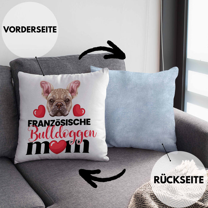 Französische Bulldogge Besitzer Mom Mama Kissen mit Füllung 40x40 Geschenk Lustiger Spruch Geschenkidee Französische Bulldogge Besitzerin (Grau) Blau Trendation