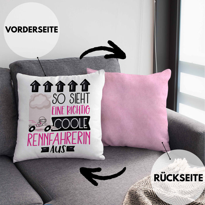 Rennfahrerin Geschenk Kissen mit Füllung 40x40 Lustig Geschenkidee für Rennfahrerin Geburtstag So Sieht Eine Richtig Coole Rennfahrerin Aus Frauen Spruch (Grau) Rosa Trendation