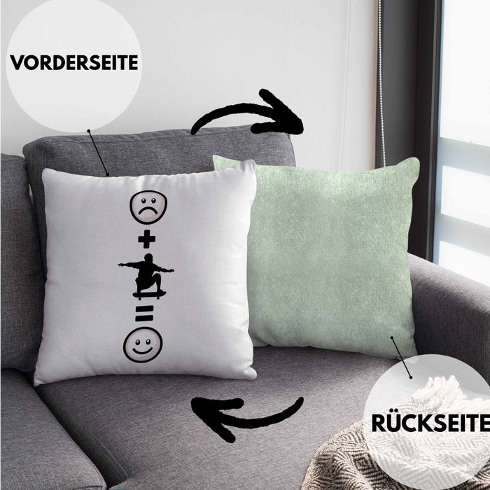 Skateboard Kissen mit Füllung 40x40 Geschenk für Skater Skateboarder Geburtstag Lustige Geschenkidee :( + Skaten = :) (Grau) Grün Trendation