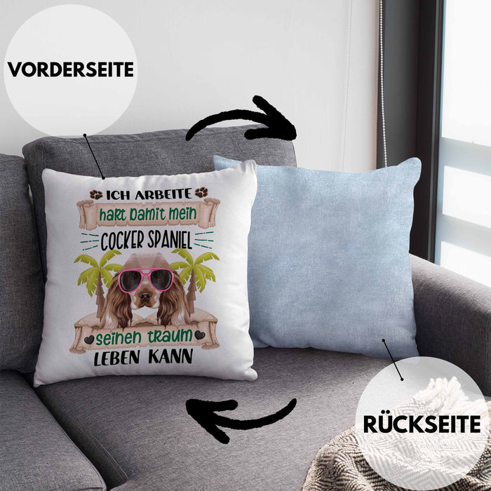 Cocker Spaniel Besitzer Kissen mit Füllung 40x40 Geschenk Lustiger Spruch Geschenkidee Ich Arbeite Hart Damit Mein Cocker Spaniel Seinen Traum Leben Kann (Grau) Blau Trendation