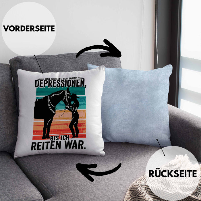 Reiterin Geschenk Kissen mit Füllung 40x40 Spruch Ich Dachte Ich Habe Depressionen Bis Ich Reiten War Geschenkidee (Grau) Blau Trendation