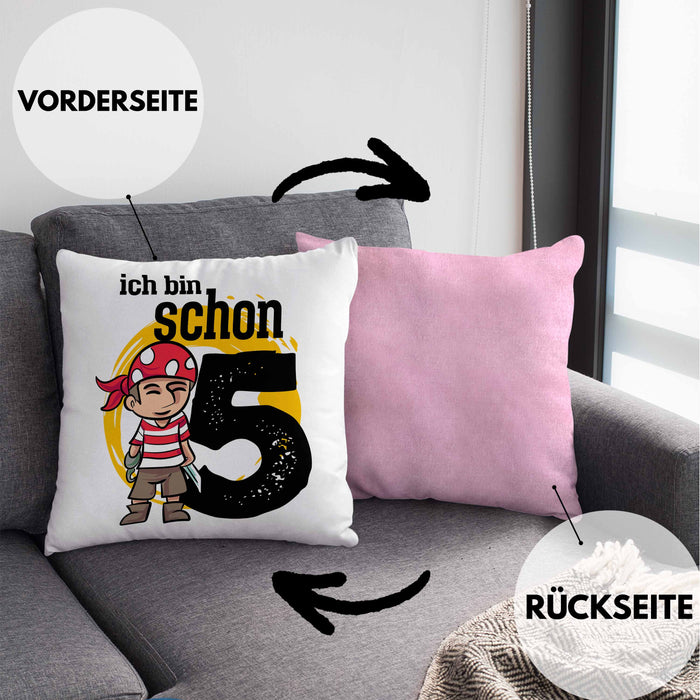 5ter Geburtstag Geschenkidee für Jungs Piraten-Kissen mit Füllung 40x40 zum 5. Geburtstag (Grau) Rosa Trendation
