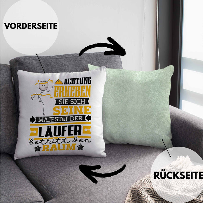 Läufer Geschenk Kissen mit Füllung 40x40 Lustiger Spruch Erheben Sie Sich Der Läufer Betritt den Raum (Grau) Grün Trendation