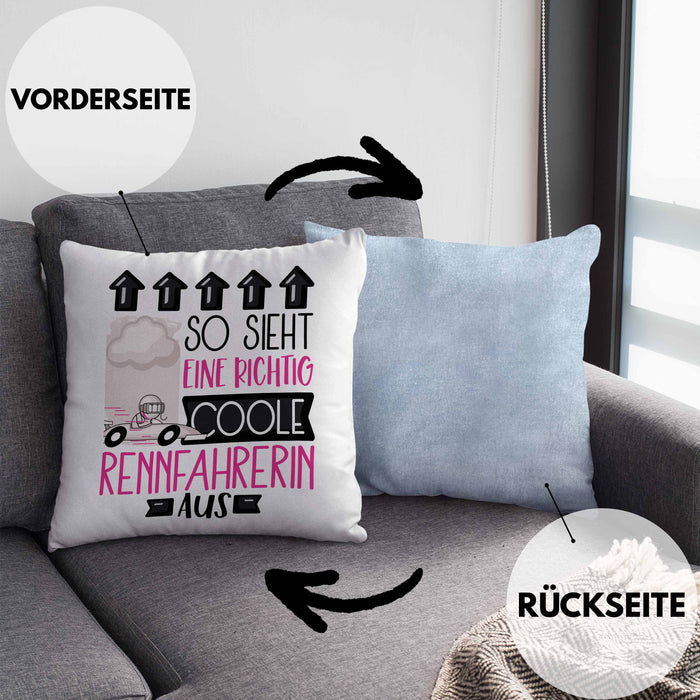 Rennfahrerin Geschenk Kissen mit Füllung 40x40 Lustig Geschenkidee für Rennfahrerin Geburtstag So Sieht Eine Richtig Coole Rennfahrerin Aus Frauen Spruch (Grau) Blau Trendation