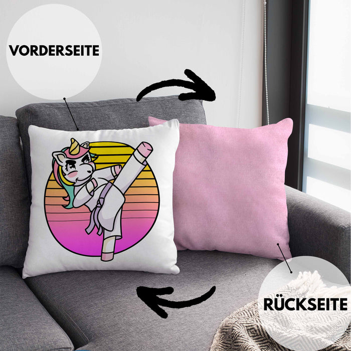 Karate-Kissen mit Füllung 40x40 Geschenk Kampfsport-Fans Jiu Jitsu Geschenkidee Einhorn Lustig Frauen (Grau) Rosa Trendation