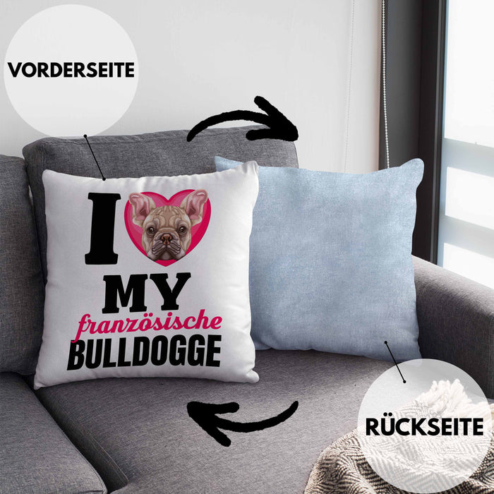 Französische Bulldogge Besitzerin Kissen mit Füllung 40x40 Geschenk Lustiger Spruch Geschenkidee I Love My Französische Bulldogge (Grau) Blau Trendation