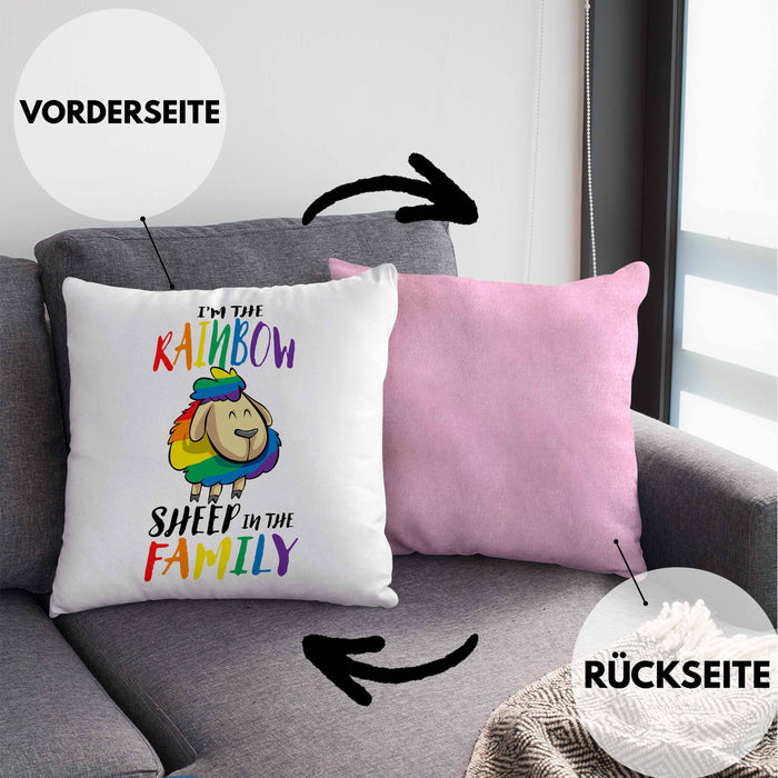 Lustige LGBTQ-Kissen mit Füllung 40x40 mit dem Spruch "I'm The Rainbow Sheep In The Family" Schwule Lesben (Grau) Rosa Trendation
