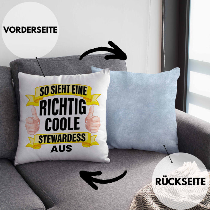 Stewardess Kissen mit Füllung 40x40 Geschenk für Stewardessin Lustiger Spruch Lustig Flugbegleiterin Sprüche (Grau) Blau Trendation