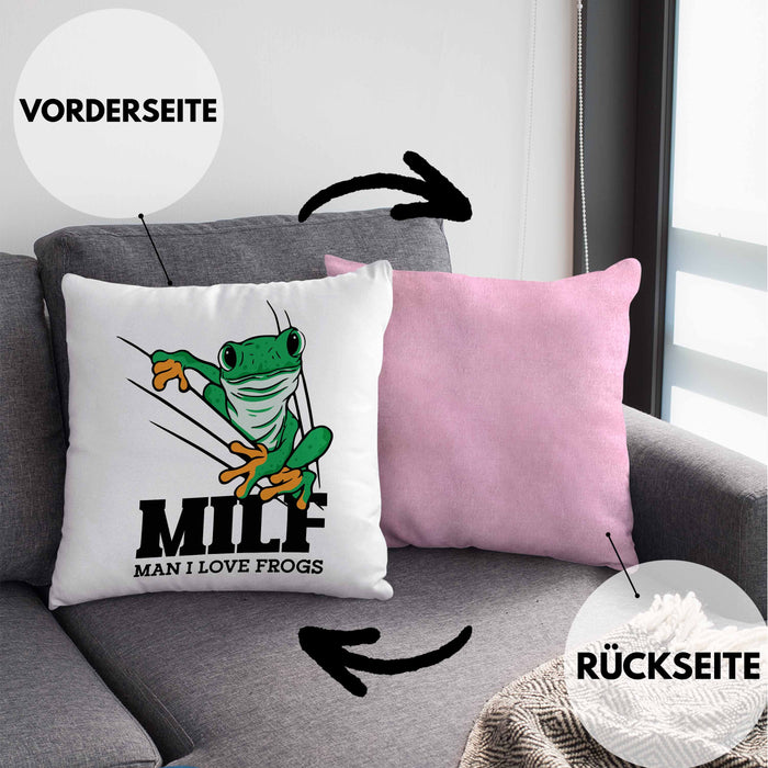 Lustige Frosch Kissen mit Füllung 40x40 Geschenk für Froschliebhaber Lustig MILF Man I Love Frogs (Grau) Rosa Trendation
