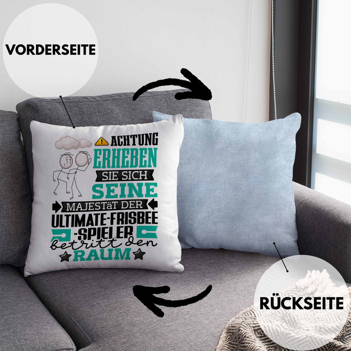 Ultimate-Frisbee-Spieler Geschenk Kissen mit Füllung 40x40 Lustiger Spruch Erheben Sie Sich Der Ultimate-Frisbee-Spieler Betritt den Raum (Grau) Blau Trendation