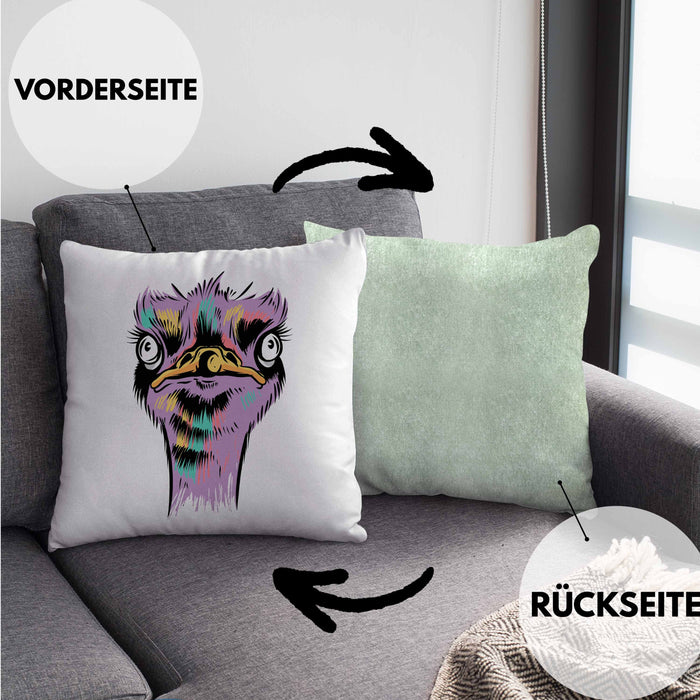 Lustige Strauß Vogel Kissen mit Füllung 40x40 Geschenk für Safari-Liebhaber (Grau) Grün Trendation