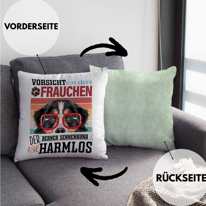 Berner Sennen Besitzerin Frauchen Kissen mit Füllung 40x40 Geschenk Lustiger Spruch Geschenkidee Vorsicht Vor Dem Frauchen (Grau) Grün Trendation