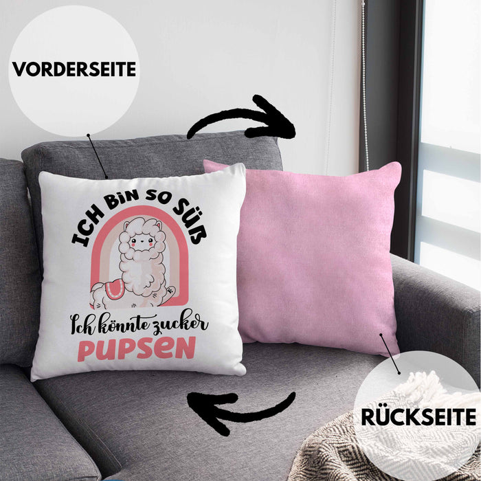 Geschenk für beste Freundin Kissen mit Füllung 40x40 Alpaka Llama Kissen mit Füllung 40x40 mit Spruch Ich Bin So Süß Ich Könnte Zucker Pupsen Geschenkidee für Frauen (Grau) Rosa Trendation
