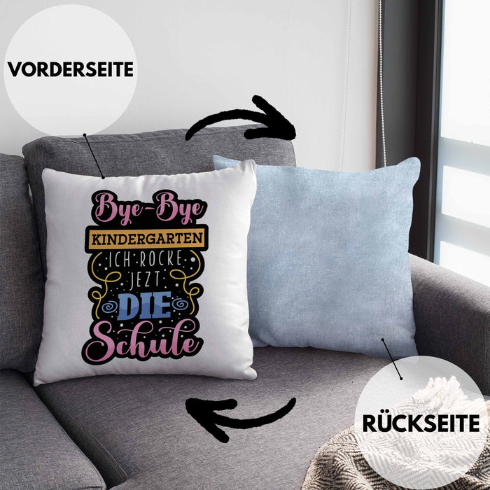 Einschulung Kissen mit Füllung 40x40 "Bye-Bye Kindergarten, Ich rocke jetzt die Schule" Geschenk für Schulanfänger (Grau) Blau Trendation