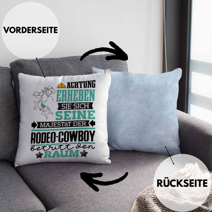 Rodeo-Cowboy Geschenk Kissen mit Füllung 40x40 Lustiger Spruch Erheben Sie Sich Der Rodeo-Cowboy Betritt den Raum (Grau) Blau Trendation