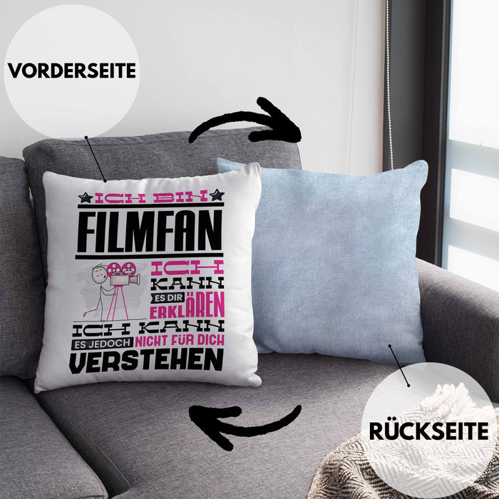 Filmfan Geschenk Kaffee-Kissen mit Füllung 40x40 Geschenkidee für Filmfan Ich Bin Filmfan Ich Kann Es Dir Erklären Jedoch Nicht Für Dich Verstehen Spruch Lustig (Grau) Blau Trendation