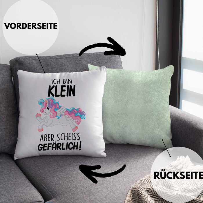 Lustige Ich Bin Klein Aber Gefährlich Kissen mit Füllung 40x40 Mit Spruch Einhorn Geschenk Mama Freundin Kollegin Geschenkidee Arbeit Frauen (Grau) Grün Trendation